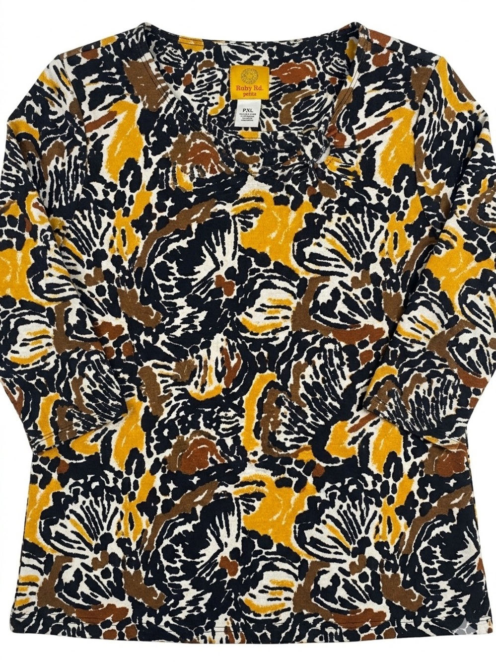 Ruby Rd. Petite PXL Abstract Print 3/4 Sleeve Tunic Top Gold Hardware GUC